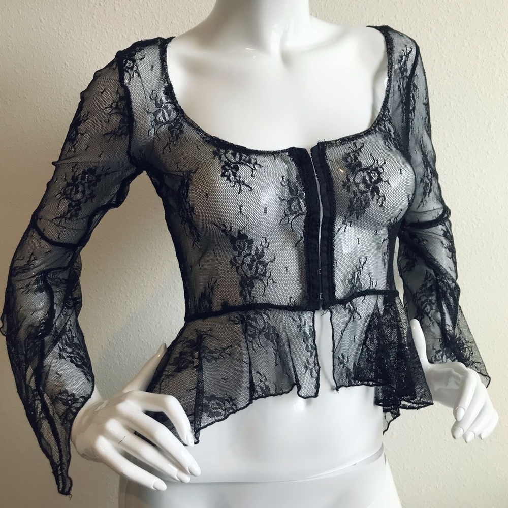 Vintage 90s Black Sheer Lace Bell Sleeve Peplum Blouse